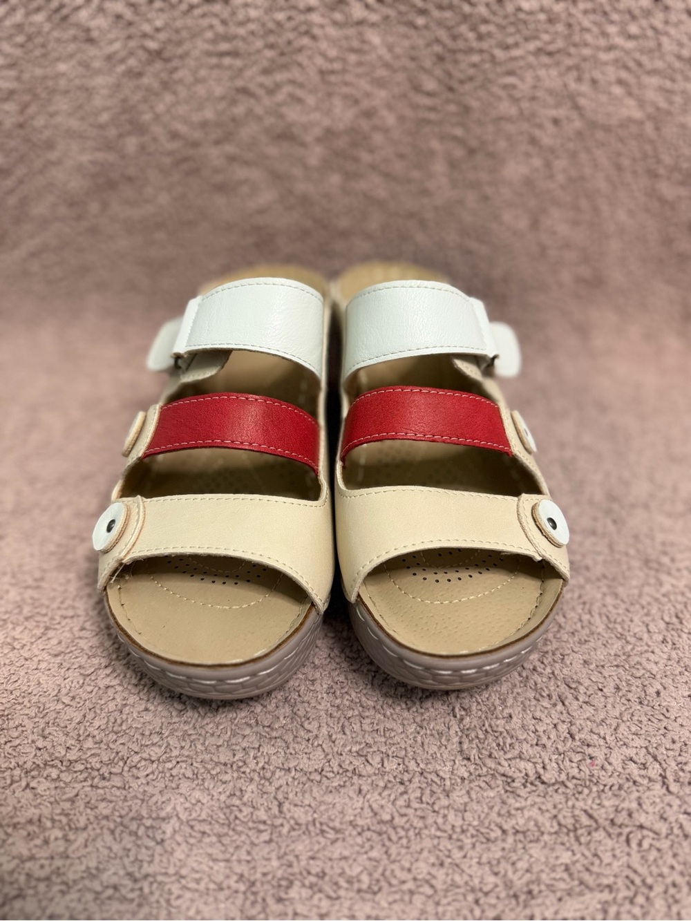 Women's Three-Strap Beige and Red Comfort Sandals